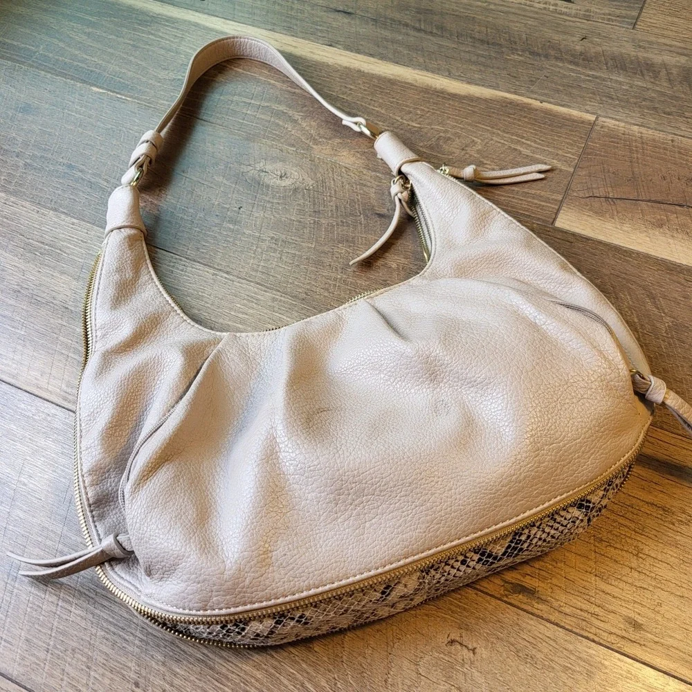 Blush Pink Pleated Hobo Bag Snakeskin Expandable Bottom Tassel Shoulder Bag